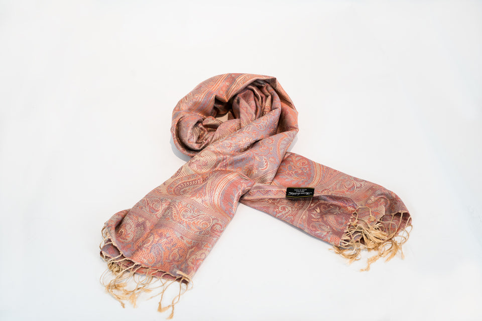WOMEN'S MULBERRY SILK PINK AND PEACH PAISLEY PRINT LARGE SCARF OR SHAWL